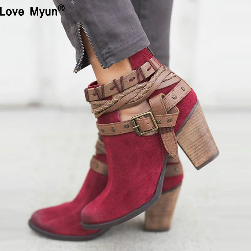

Fashion Women Autumn Block Heel Ankle Boots Plus Size Female Rivets Buckle High Heels Shoes Ladies PU Leather Footwearuij9