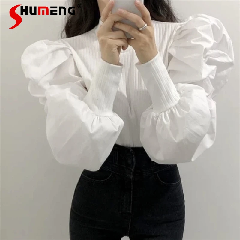 

Court Style Loose Round Neck Lantern Long Sleeve Black Women Blouses 2021 Spring New Vintage Thread Stitching White Tops Female
