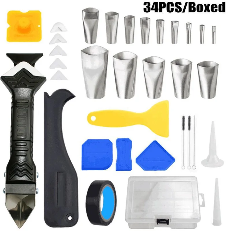

34pcs Caulking Tool Kit Tools Silicone Sealant Grout Scraper Caulk Remover Plastic Set Spatula Squeegee Accessories
