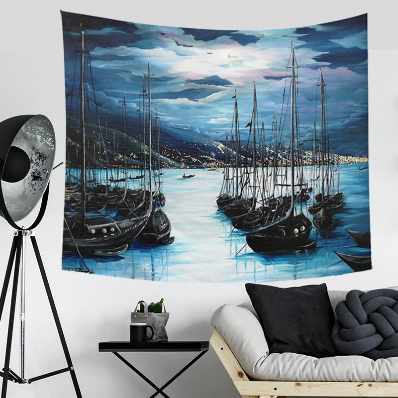 

Sailboat Sea Oil Painting Wall Tapestry Gray Blue Nordic Background Mountains Wall Blanket for Home Wall Decoration 200x150cm
