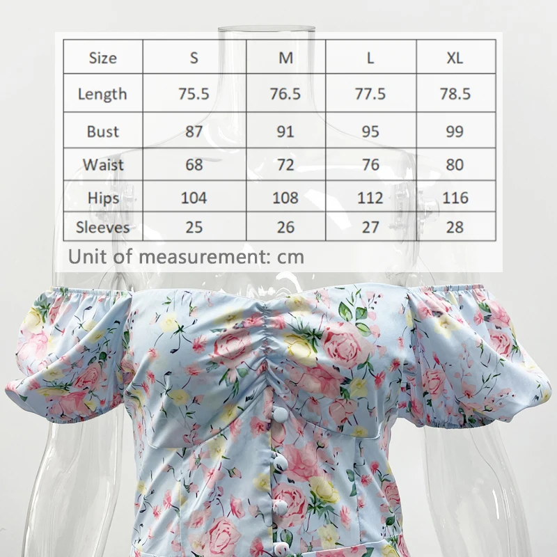 

Floral Print Buttoned Mini Dress Women Ruffles Puff Sleeve Sexy Heart Neck Summer Dresses Off Shoulder A Line Dress