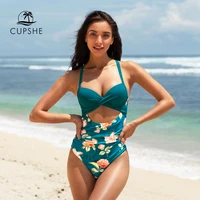 cupshe underwire push up green floral one piece swimsuit for women sexy cut out monokini 2021 new beach bathing suits swimwear