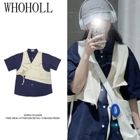 women shirts ins fashion brand bandage pocket vest fake two piece tooling short sleeve shirt white blue 2021 new shirts