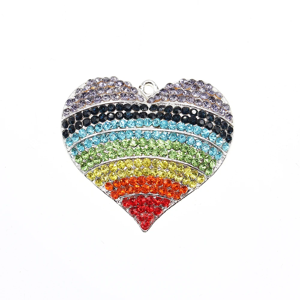 

100pcs Fashion Free Shipping Zinc Alloy Heart Shape Rhinestone Rainbow Pendant Charms For Jewelry Making