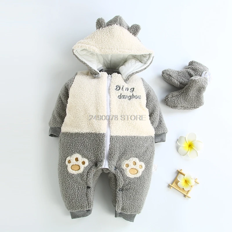 romper with shoes Новорожденных зимняя одежда комбинезон для мальчиков, для малышей хлопковые толстовки с капюшоном, детский зимний комбинезон для новорожденных девочек; комбинезон+ головной убор+ обувь, комплект одежды из 3 предметов - Цвет: romper with shoes