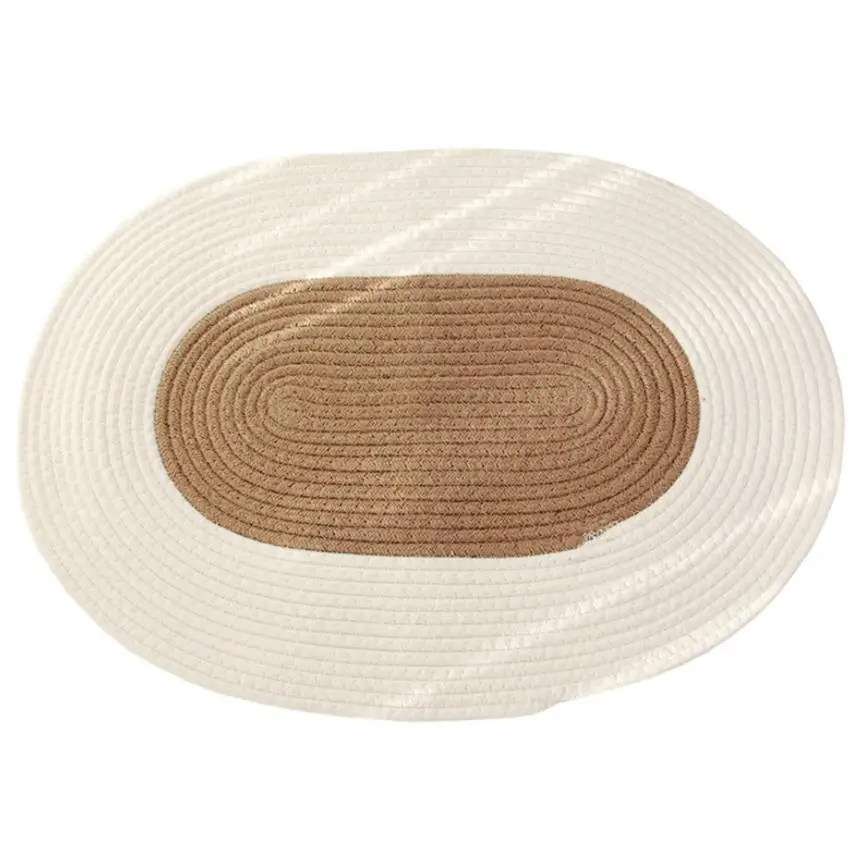 

Hand-woven Doormat Cotton and Linen Color Block Anti-Slip Oval Shape Entrance Area Carpet