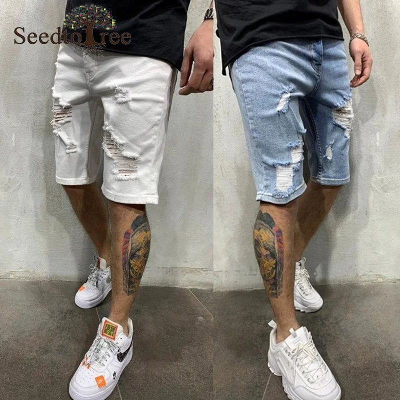 

Summer Men's Jeans Solid Color Slim Ripped Denim Middle Pants