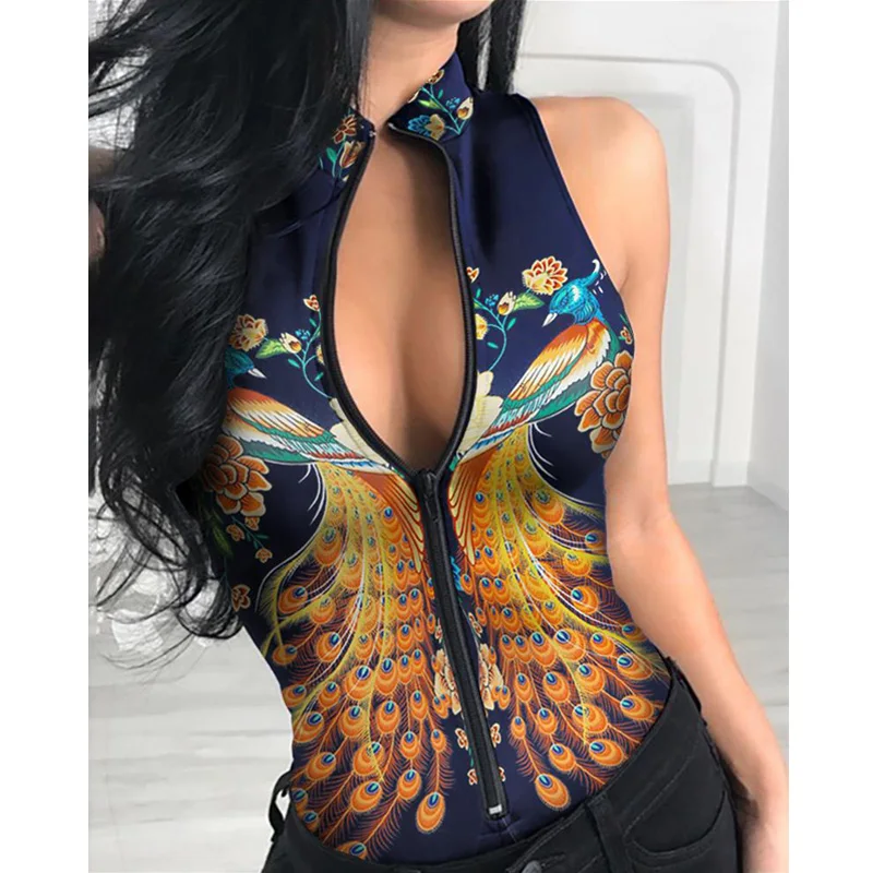 

New Fashion Women Summer Sexy Zipper Front Peacock Print Sleeveless Bodysuit