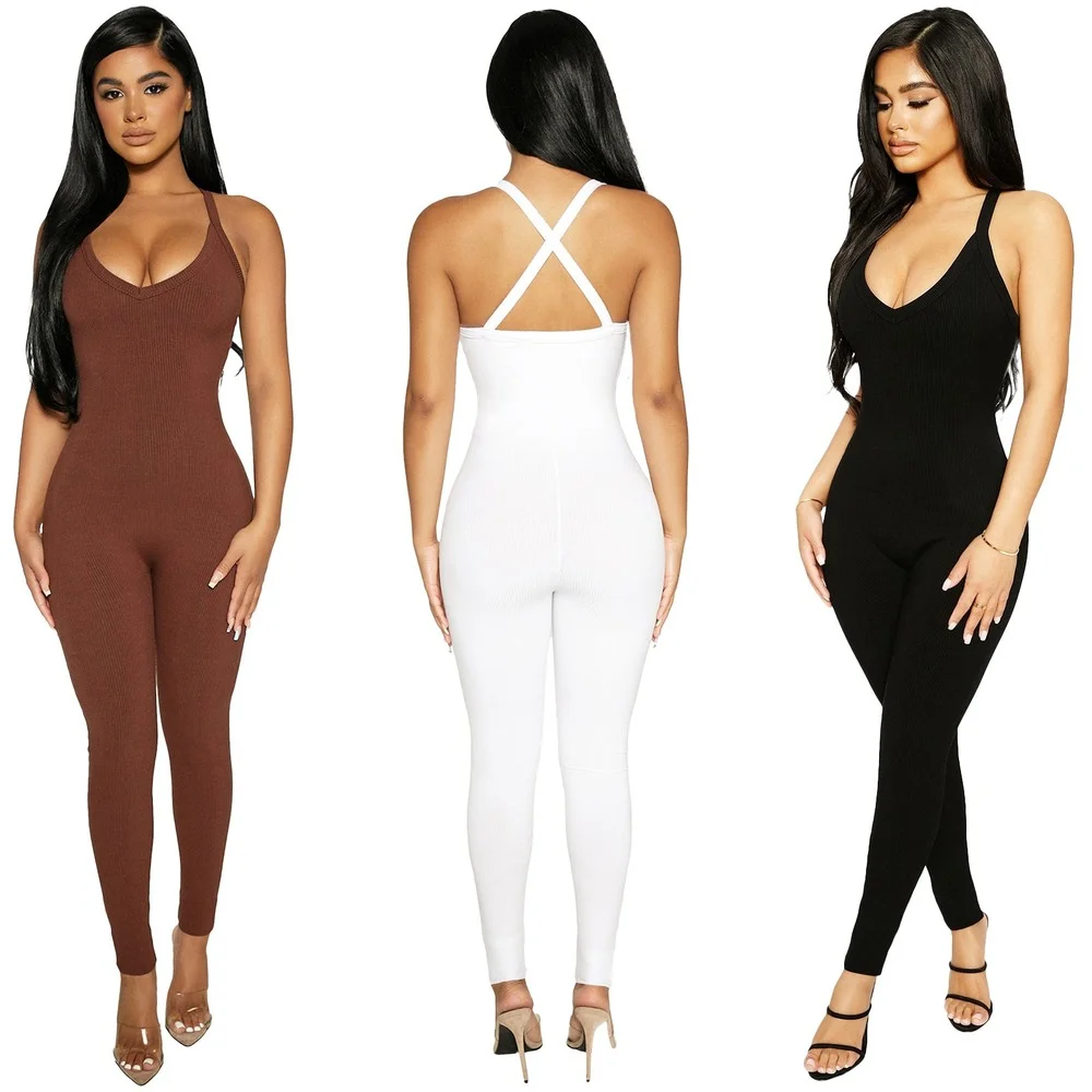 

Sexy Backless Knitted Jumpsuit Spaghetti Strap Long Rompers Sleeveless V Neck Skinny Pencil Pants Summer Solid Bodysuit for 2021