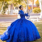 Бальное платье принцессы 15 лет, праздничное платье ярко-синего цвета с аппликацией из бисера и цветами, праздничное милое платье XV, 2021