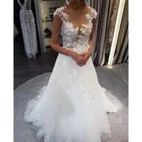 scoop wedding dresses white lace applique a line sleeveless illusion sweep train bridal gown dress with back buttons