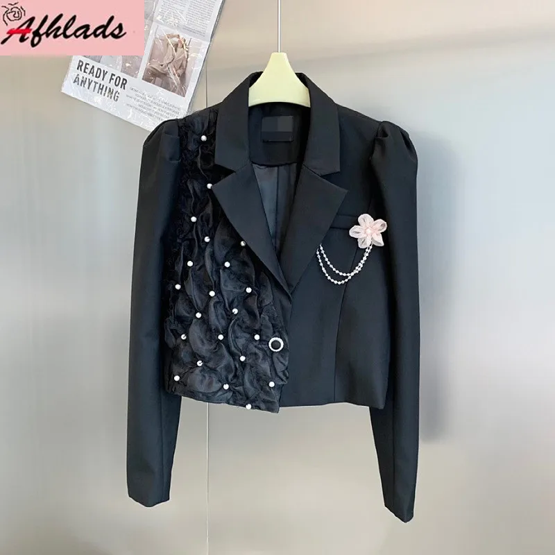 

Long Sleeved Flower Jacket Female 2021 Autumn New Pearl Notched Collar Solid Color High Quality Fashion Office Lady Outerwear