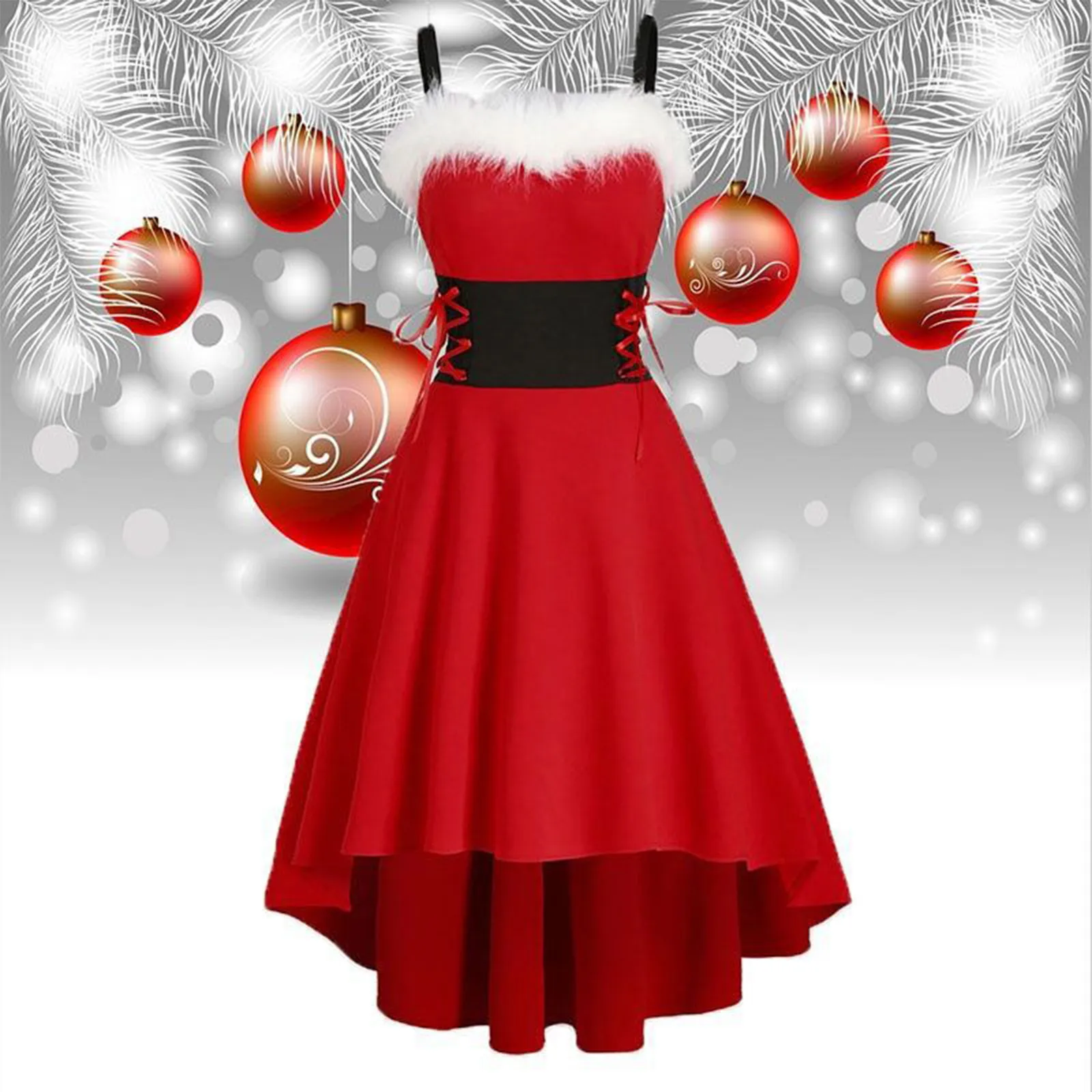

FAKUNTN Women Dresses Christmas Faux-Fur Lace Up solid Asymmetrical High Low Midi Dress Off Shoulders styles fashion 2021