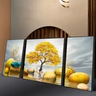 Три панели золотого оленя, дерева, камня, фотообои с HD-печатью, современный постер, декор для комнаты, Декор для дома, пейзаж, художественная роспись