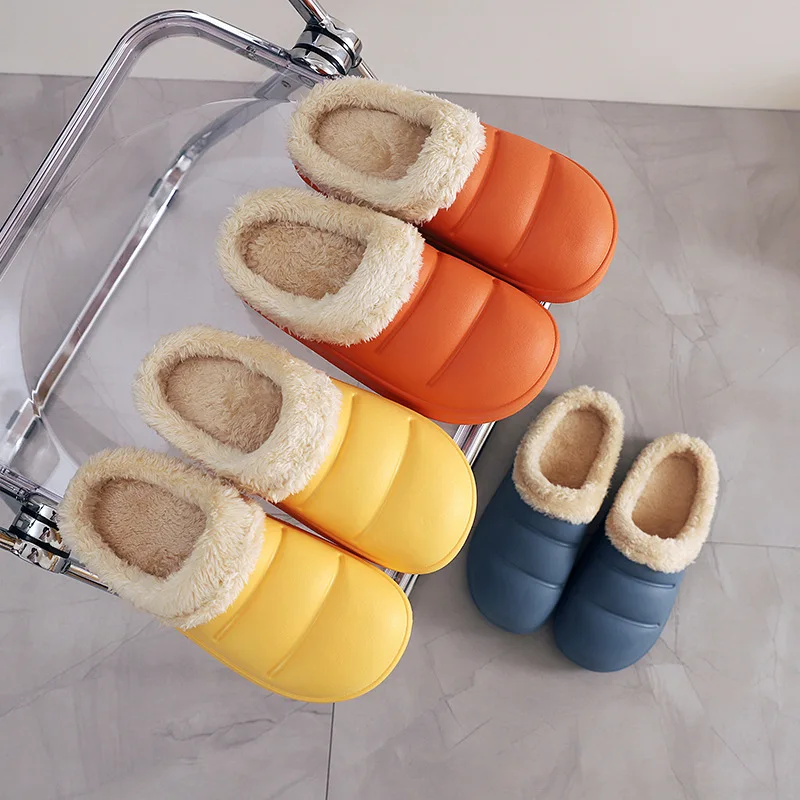 Waterproof Cotton Slippers Female Winter Indoor Home Thick-soled Cute Couple Household Bag with Warm Plush Cotton Slippers
