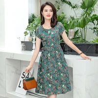 summer dress women loose casual o neck middle aged mother beach dress short sleeve long floral print mid calf dresses