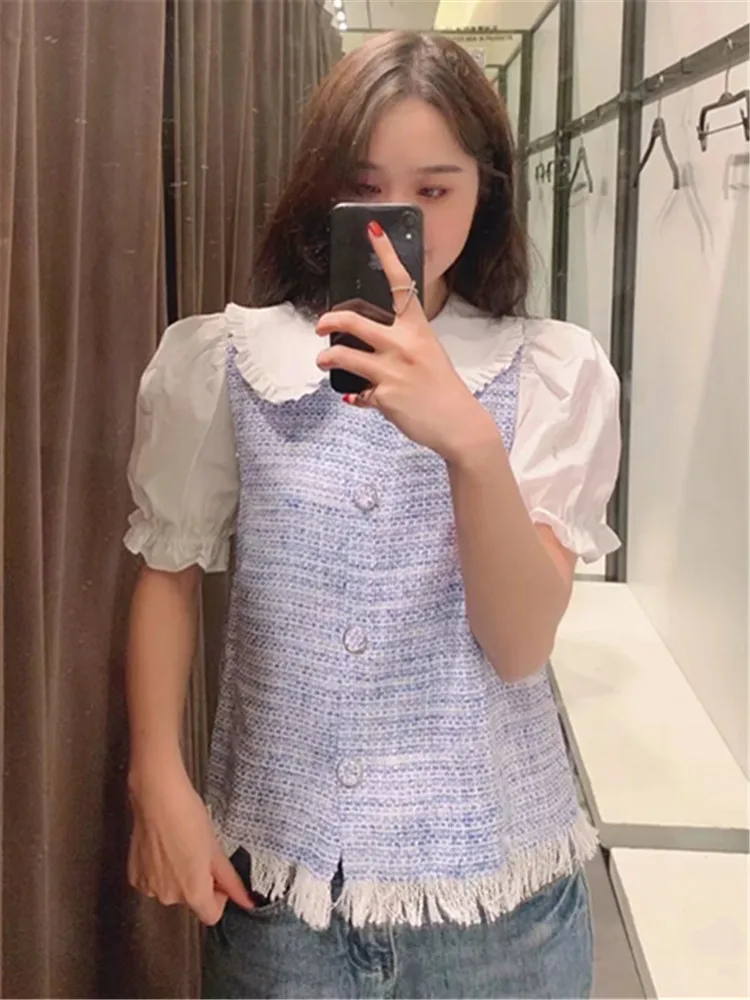 

2021 summer new women's clothing elegant all-match doll collar bubble sleeve texture stitching fashion slim shirt fashion