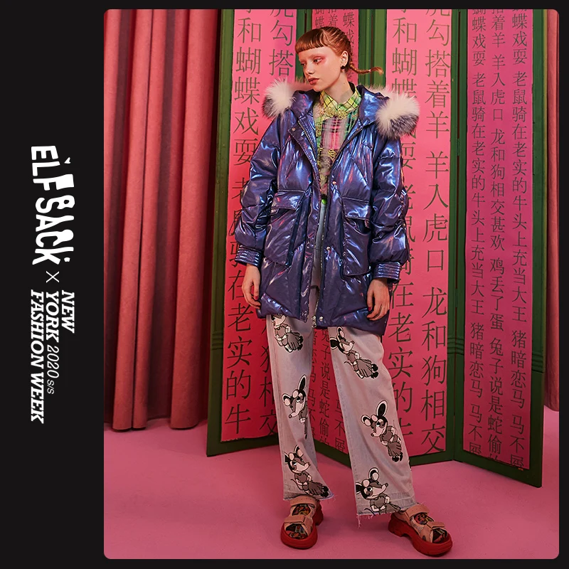 ELFSACK синий однотонное атласное платье тепло Ruched пуховое пальто Для женщин 2019 зима