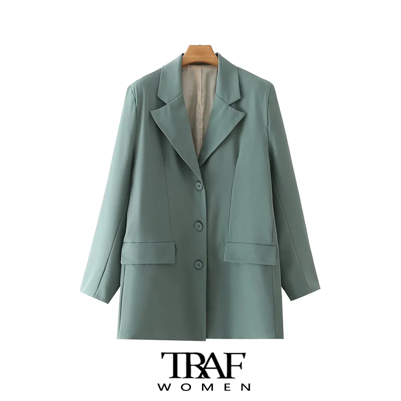 

TRAF Women Fashion Single Breasted Office Wear Blazer Coat Vintage Long Sleeve Flap Pockets Female Outerwear Chic Veste