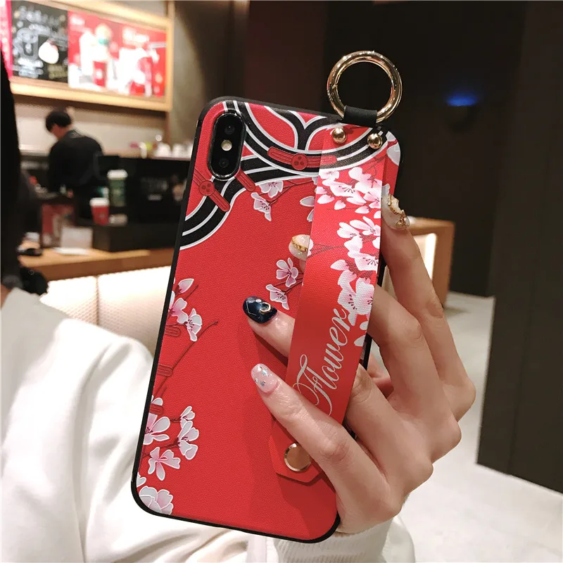 Розовый напульсник чехол для телефона Etui iPhone 11 Pro Мягкий ТПУ Цветок накладка держатель для телефона для iPhone 7 8 6 6S Plus X XS XR XSMax Funda