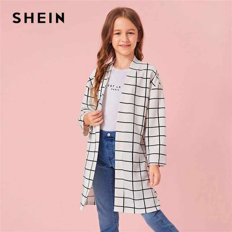 SHEIN Kiddie White Plaid Print Girls Open Front Long Coat Kids Clothes Autumn Long Sleeve Casual Coats For Children