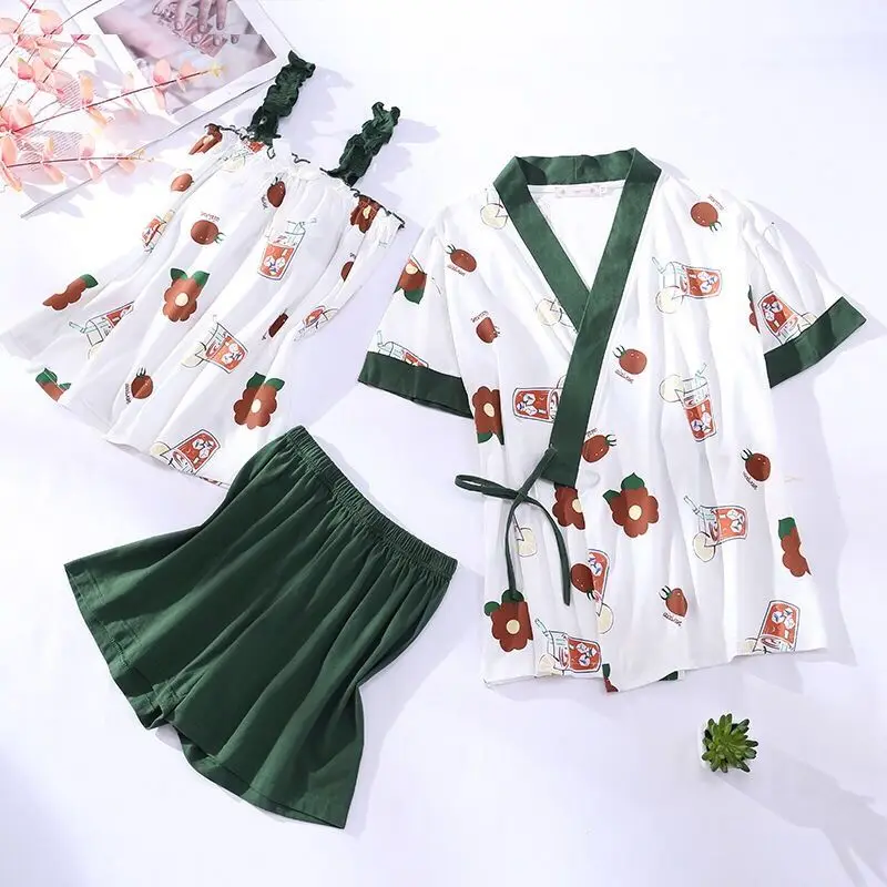 Pajamas Female Summer Sling Three Sets with Chest Pad Knitted Cotton Suit Large Size Fat 200 Pounds Polyester and Cottonhomewear