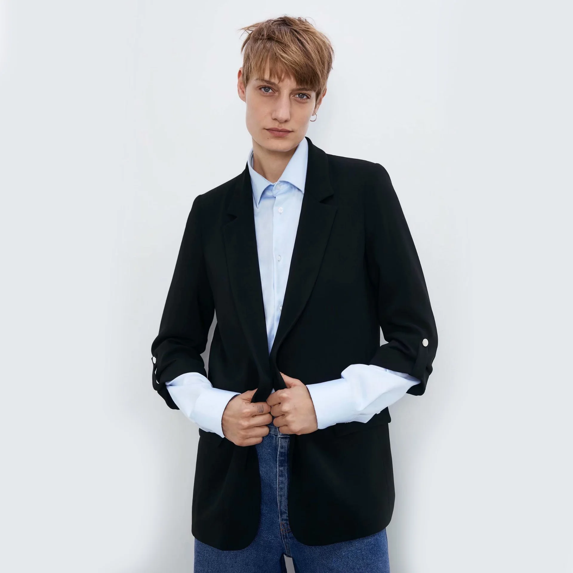 Новинка 2020 ZA Женский Повседневный блейзер с отворотами черный однотонный пиджак