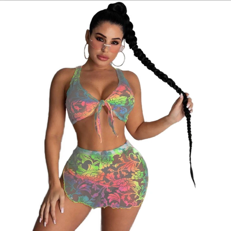 

2021 Summer Beach Style Flower Foral Printed Two Piece Set Women Bow V Neck Tank Crop Top Asymmetrical Mini Skirt Mesh Tight