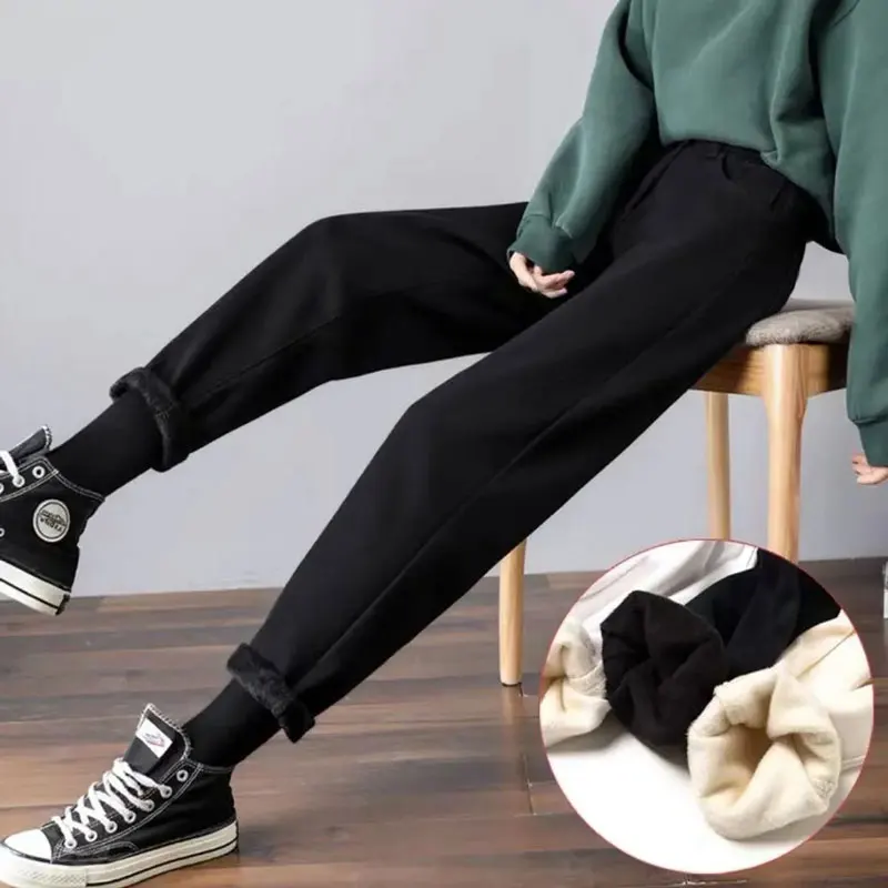 

Thicken Plus Velvet Balck Winter Pants Women High Waist Harem Jeans Solid Ankle Length Baggy Casual Pant 2021 Fall Warm Bottoms