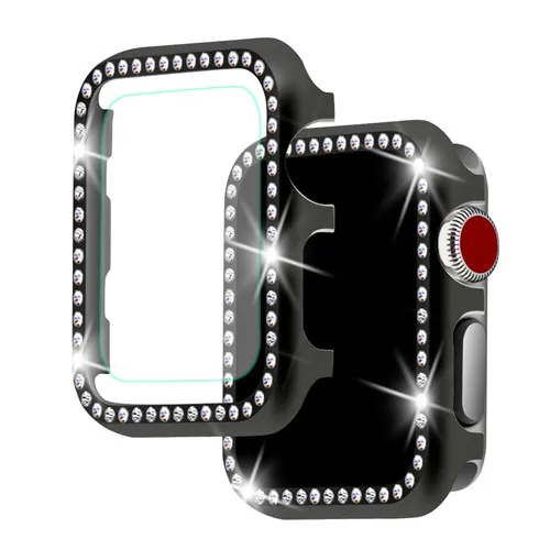 black Чехол со стразами+ стекло для apple watch 5 4 3 apple watch band case 44 мм/40 мм iwatch band 42 мм/38 мм защитный чехол с кристаллами - Цвет: black