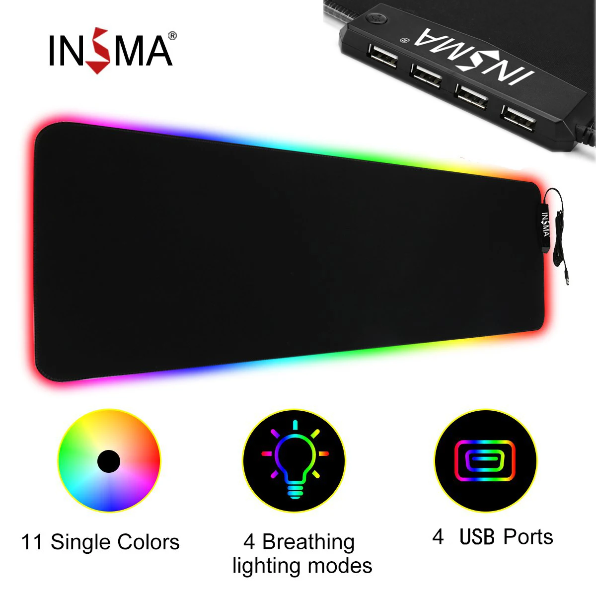 Игровой коврик для мыши RGB Светодиодный светящийся красочный 4 порта