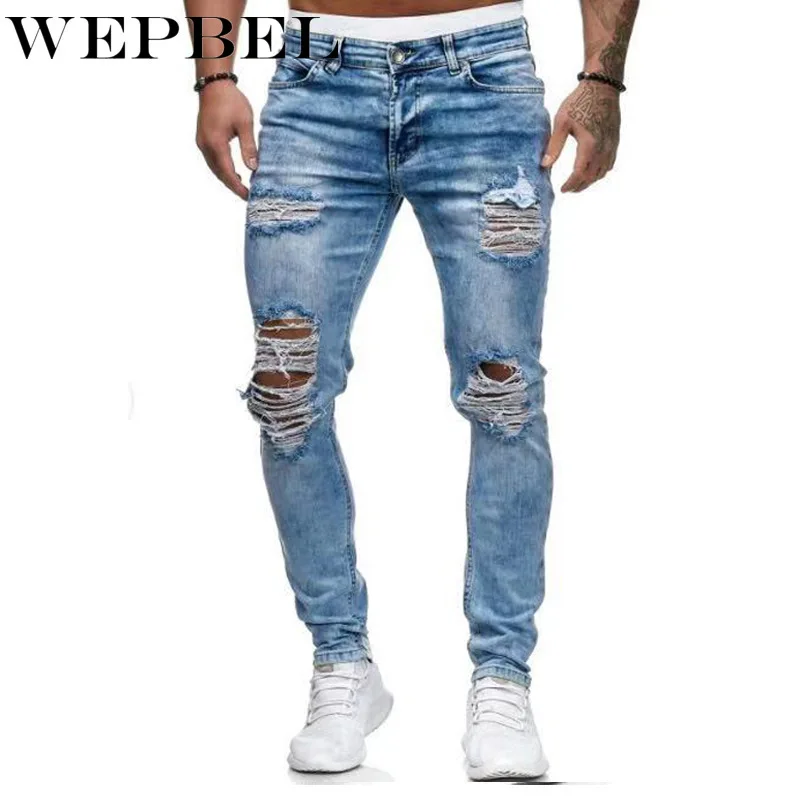 

WEPBEL Men's Fashion Skinny Pant Casual Ripped Hole Jeans Slim Denim Pants Pencil Denim Trousers