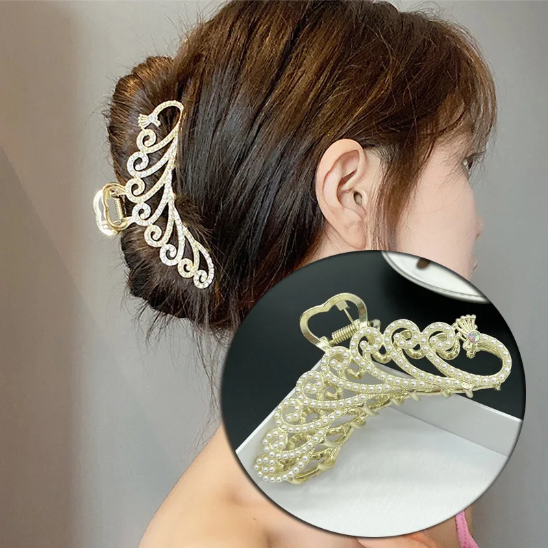 

Korea Peacock Cross Hair Claws INS Style Rhinestone Pearl Girl Hairpin Shark Catch Clip Hair Accessories Women on Back of Head