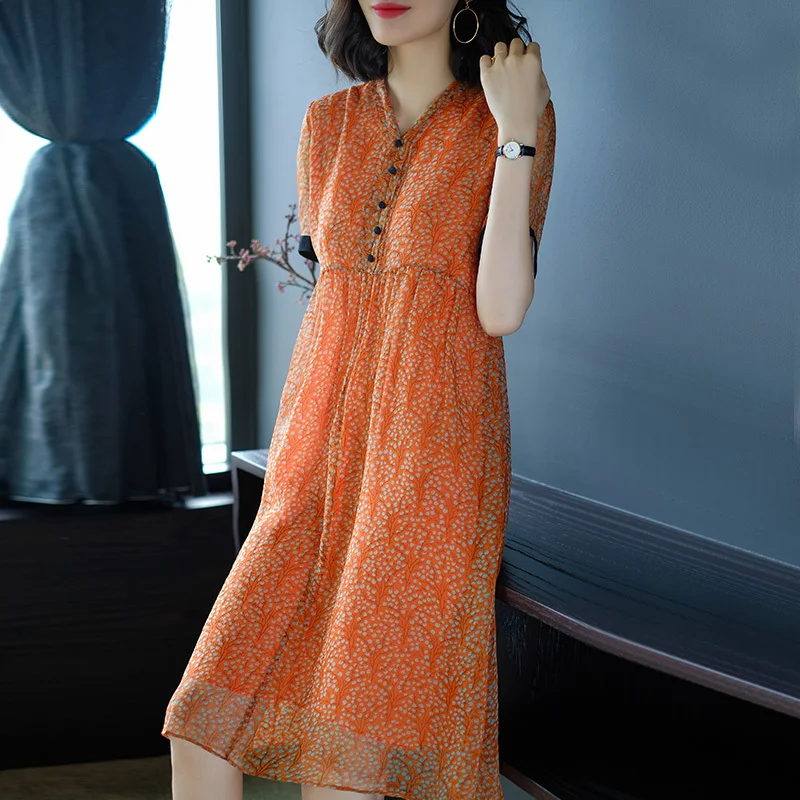 Женское платье средней длины из 100% натурального шелка летние платья с цветочным