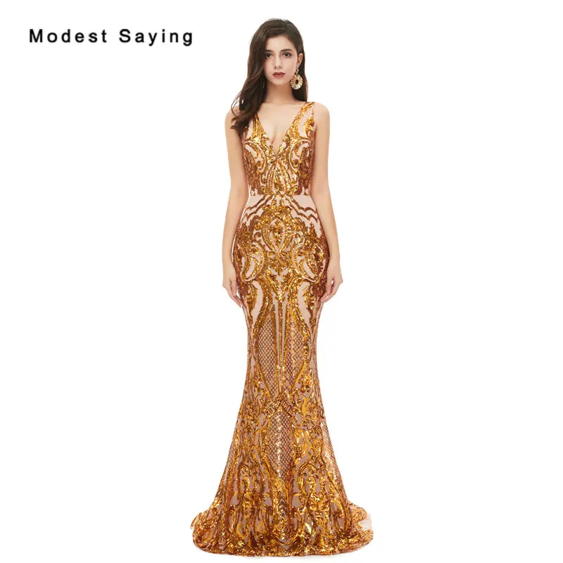 

Sexy Gold Mermaid V Neck Sequined Evening Dresses 2020 Fashion Lace Up Back Luxury Shiny Ladies Party Prom Gowns robe de soiree