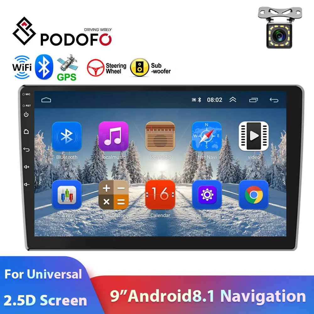 Podofo 2din автомобильный Радио мультимедийный плеер Android 8,1 " 2.5D gps Navi WiFi авто стерео для Volkswagen Nissan Kia toyota Skoda и т. Д