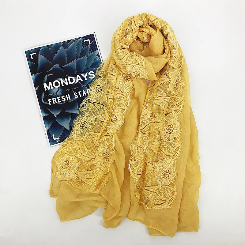 Lace floral hijab scarf plain beads cotton headband scarves wraps shawls hijab spring muslim scarf 180*80cm