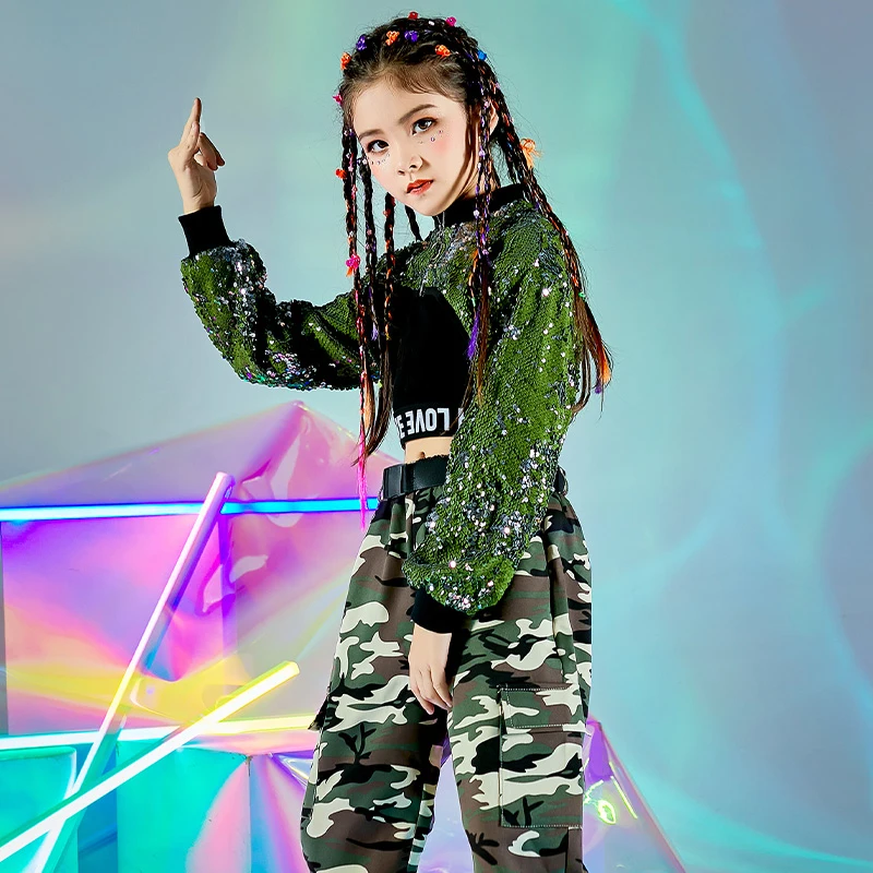 

Fashion Girls Jazz Modern Dance Costumes Green Sequins Tops Camouflage Pants Hip Hop Dance Clothes Performance Rave Wear DN7177