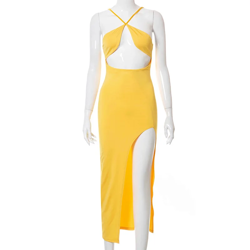 

BOOFEENAA Sexy Spaghetti Strap Long Maxi Dresses for Women with Split Party Club Cut Out Backless Bodycon Dress Yellow C85-BG18