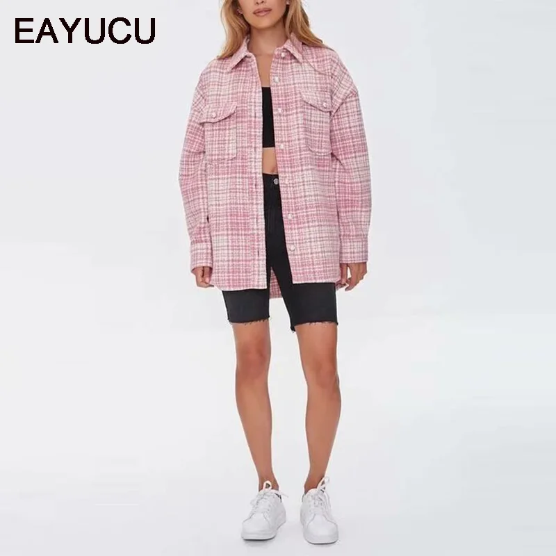 

EAYUCU Autumn Single-breasted Lapel Jacket Ladies Elegant long-Sleeved Thick Coat Fashionable Plaid Loose Street Coat EO005