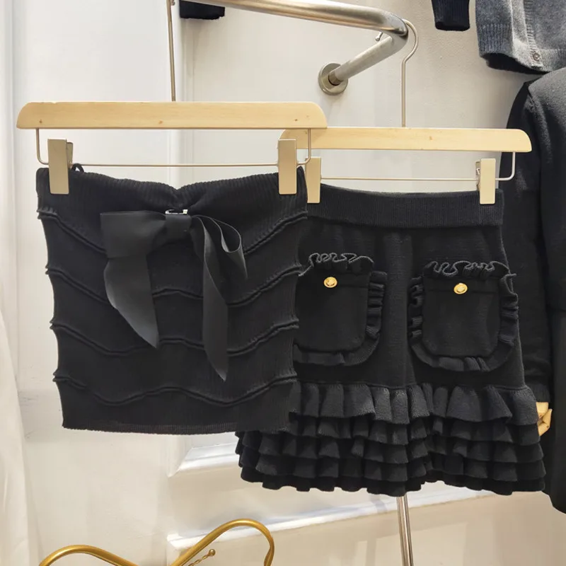 

2021 Spring Summer New Sexy Knitted Bowknot Crop Tops With Cascading Ruffled Bodycon Mini Skirt 2 Piece Sets Women