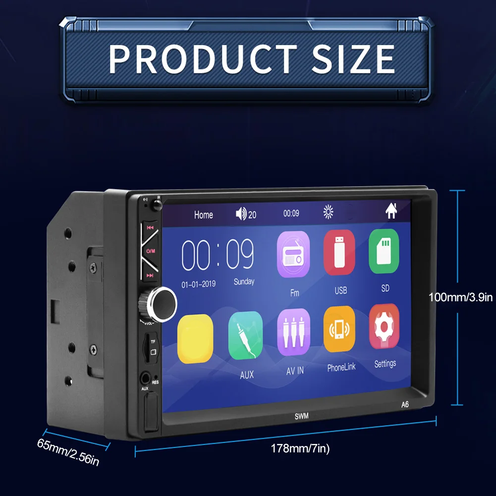 Медиаплеер 2 DIN 7in Full-HD Поддержка usb-накопителя/карты памяти/Bluetooth-Совместимость с