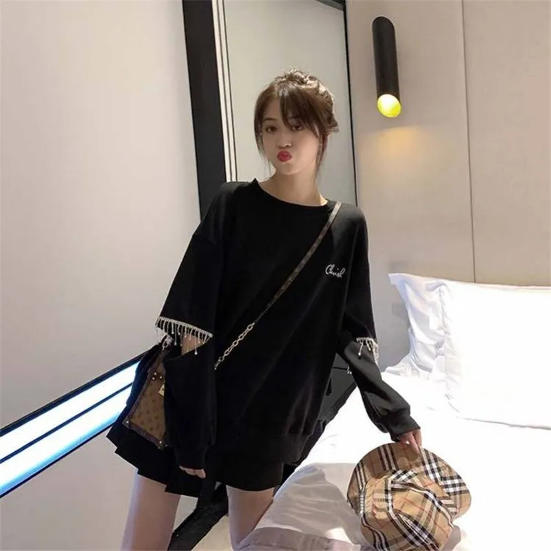 

Korean Fashion Women Hoodies Crystal inlaid Casual Tops Hoodie Sweatshirt Female Fashion Black Long Sleeve Pullovers Hoodie