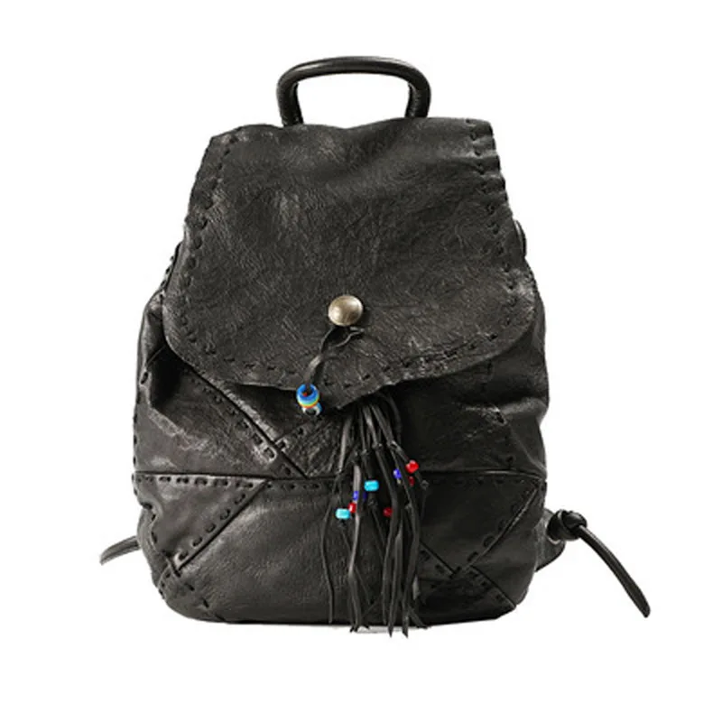 

Sheepskin Backpack Mini Black Leather Backpack Hand-stitched Stitching Tassel