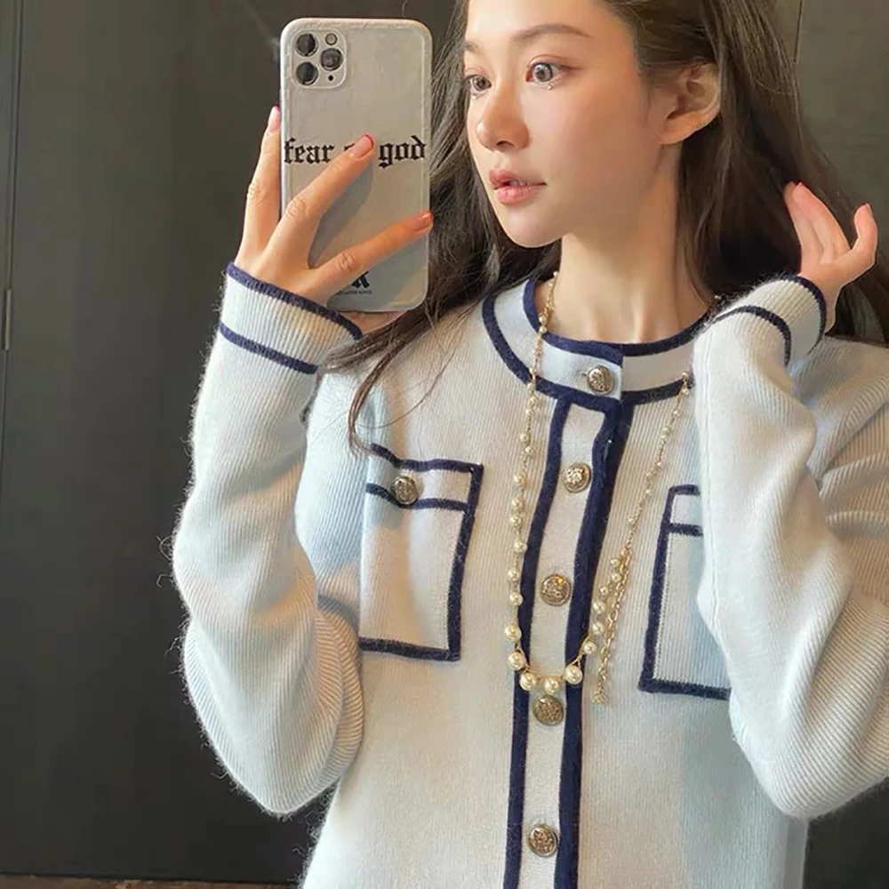 

Autumn Spring Patchwork Metal Buttons Knitted Short Sweater Cardigan Women Long Sleeve Loose Baggy Crop Top O-Neck Cropped Tops