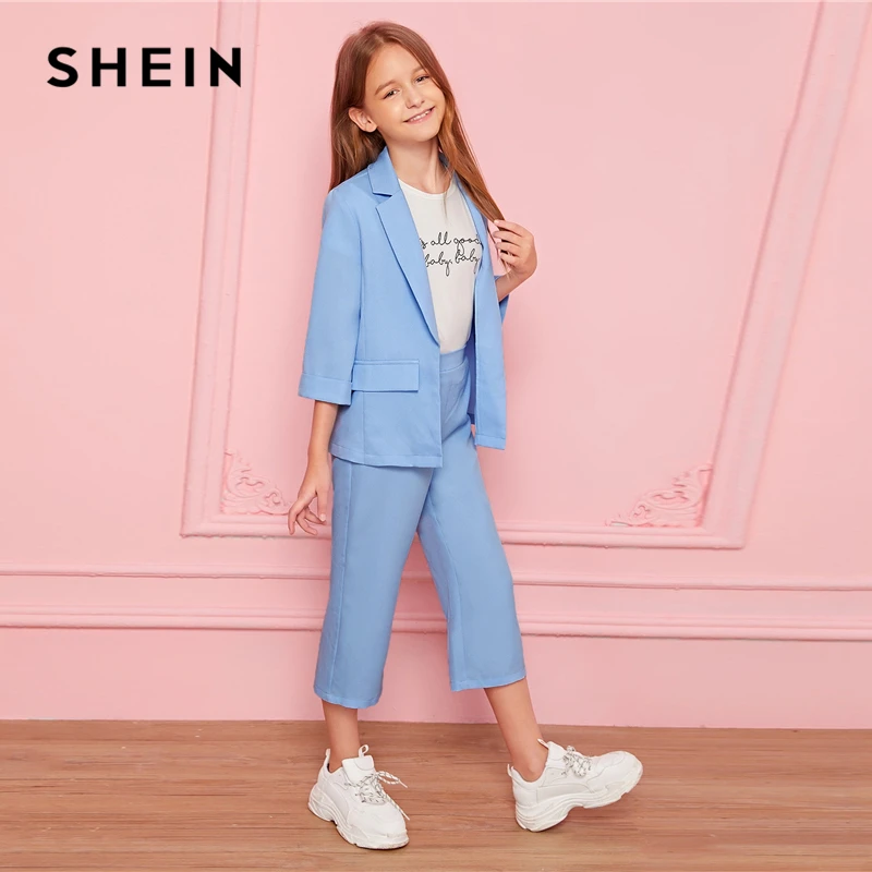 SHEIN/Детский комплект из блейзера и штанов для девочек пастельного синего цвета с воротником-тупым вырезом, Детские комплекты г. Осенняя повседневная одежда с длинными рукавами 3/4