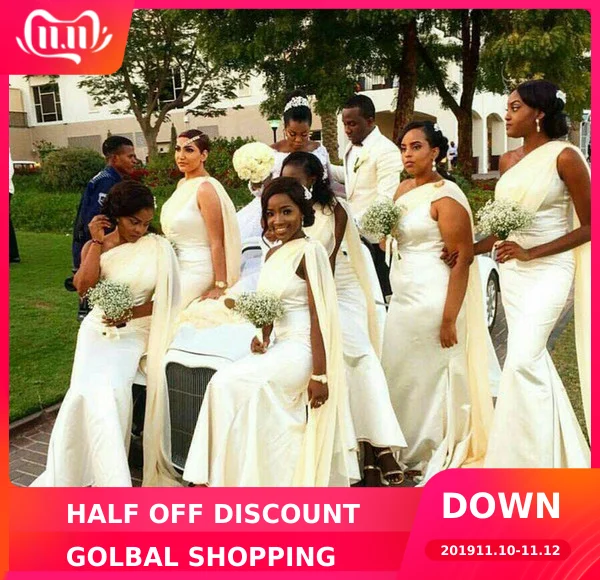 Африканские атласные платья свидетельницы с драпировкой на одно плечо для