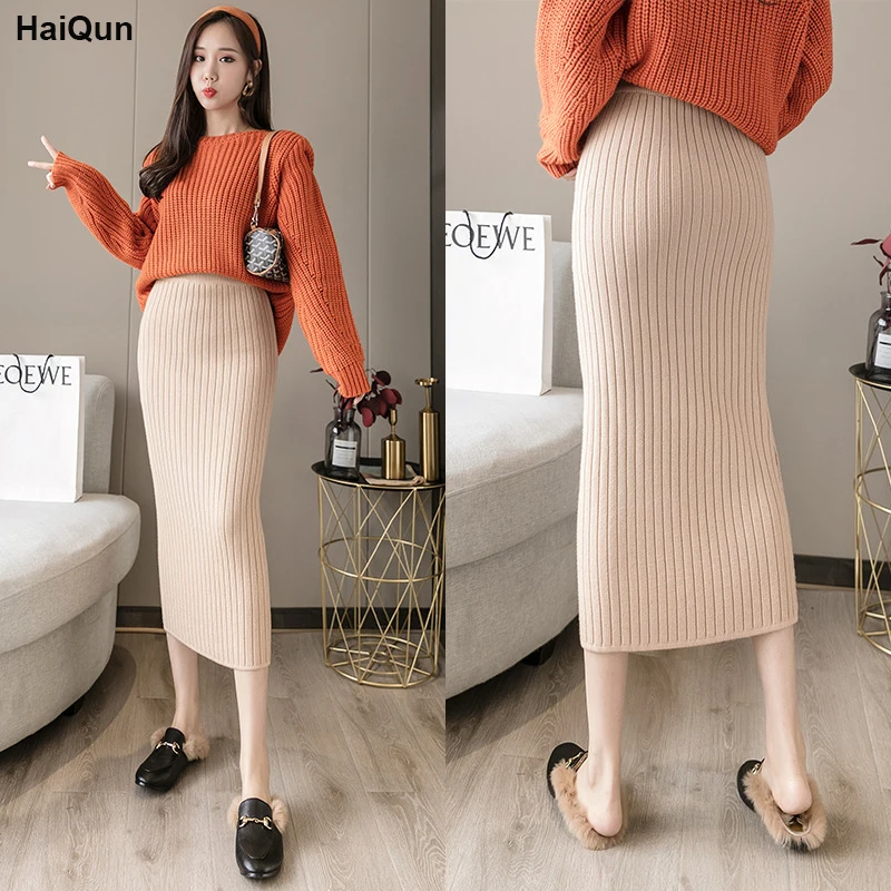 Women Autumn Winter Thickening Knitted Skirts High Waist Office Ladies Sexy Warm Elegant Elastic Midi Length For Female Party