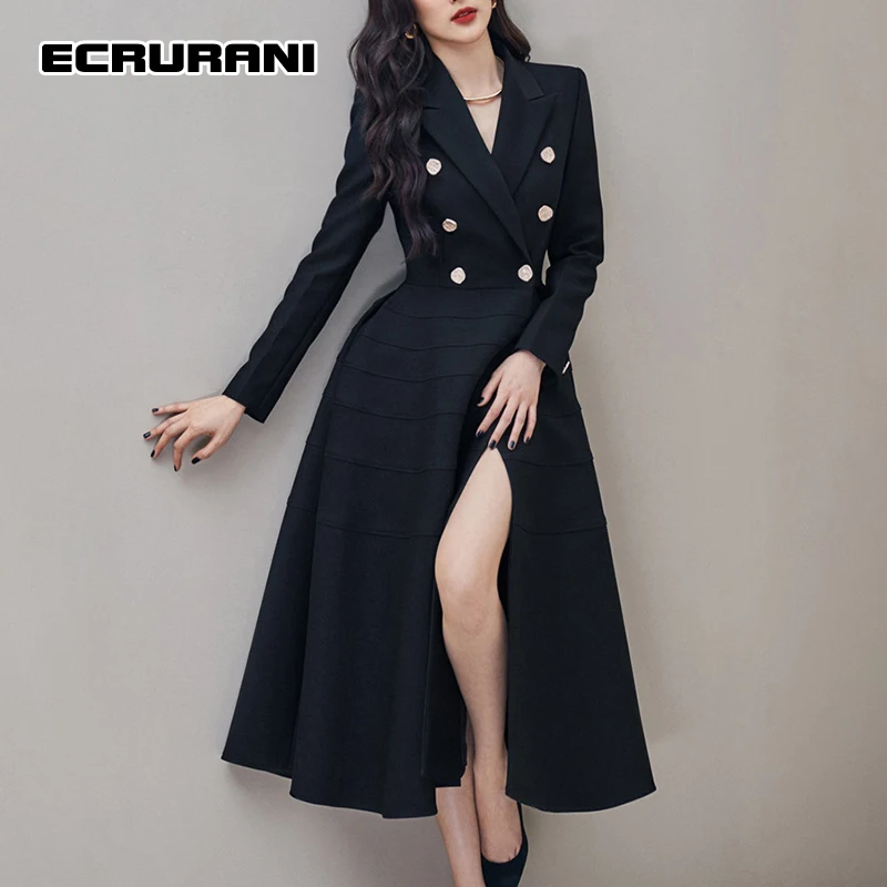

ECRURANI Black Split Thigh Casual Dress For Women Notched Long Sleeve High Waist Patchwork Solid Long Dresses 2021 New Clothing