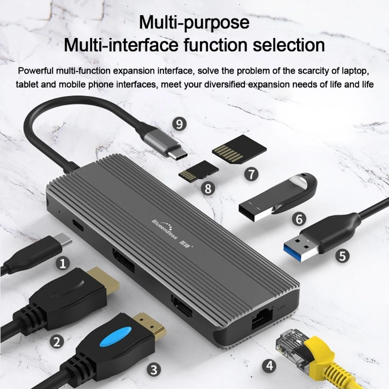 

H7JA Blueednless 8in1 Hub USB3.0 Type C Splitter Docking Station Gigabit Net HDMI-Compatible HDD PD SD TF Slots Fast Charging